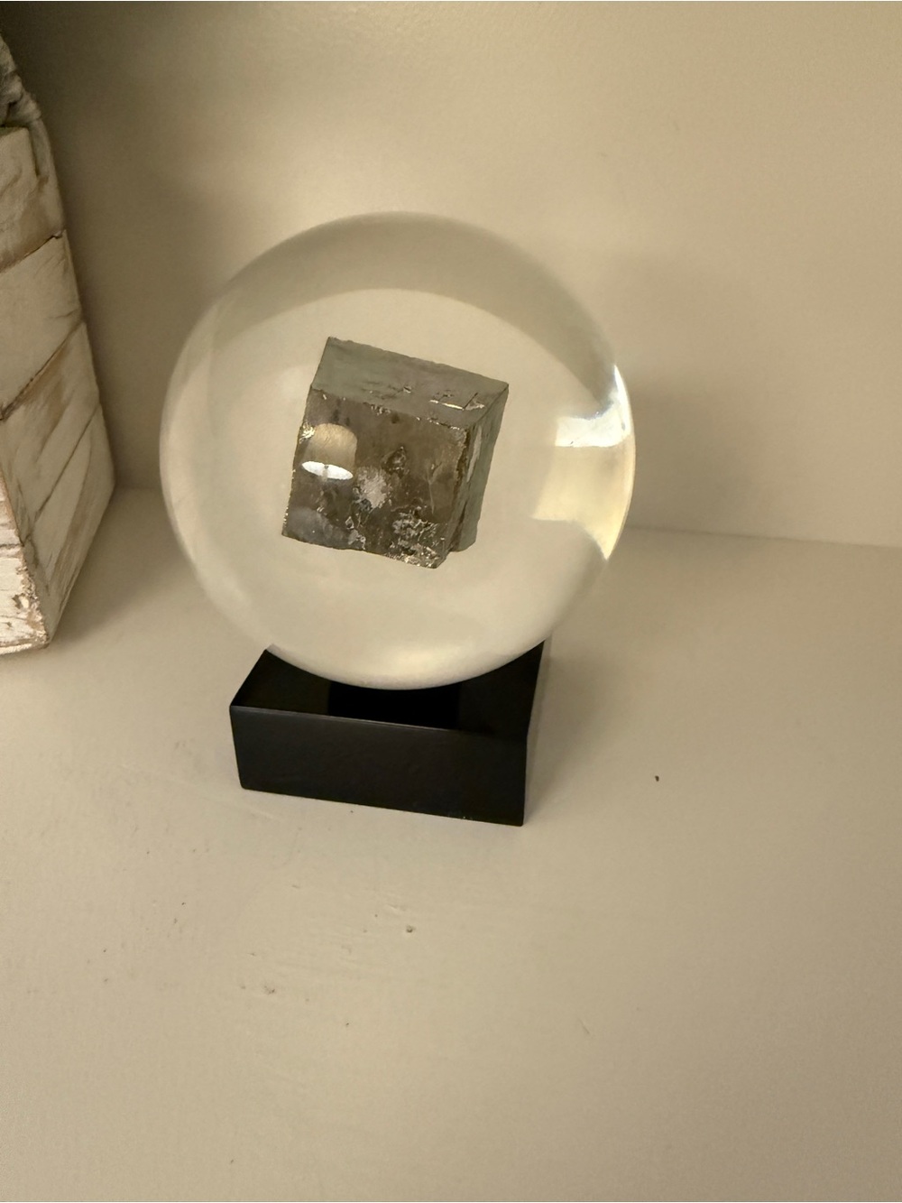 Vintage Pyrite Cube in Clear Acrylic Sphere Black Base Mineral Specimen Decor